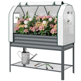 Galvanised Raised Garden Bed with Greenhouse Cover, Metal Elevated Garden Bed with Bed Liner, Bottom Shelf, Dark Gray