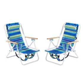 Folding Beach Chair Set Of 2 For Adults, 4 Position Portable Backpack Foldable Camping Chair With Headrest Cup Holder And Wooden Armrests, Blue & (Option: Defaulttitle)